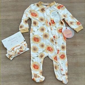 🎃 Milkberry Baby Girl Bamboo Footie Sleeper 0-3 3-6 6-9 months Sunflower Pumpkin